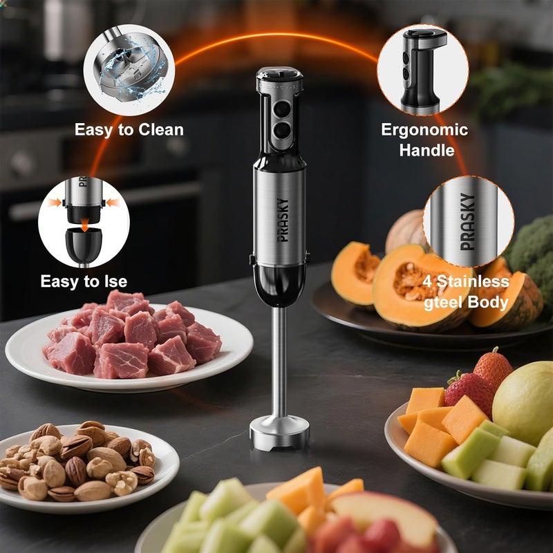 Prasky Immersion Blender Handheld Hand Blenders, 20 Speed & Turbo Mode Hand Held Blender, Heaviest Duty Copper Motor, Stainless Steel Blades, Milk Frother Wand, Whisk, 600ml Beaker, 500ml Chopper (Black) - Image 4